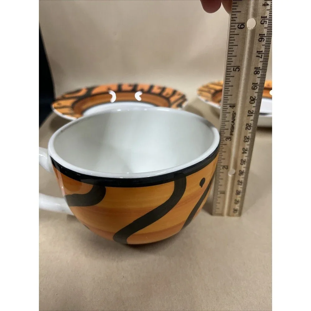 Set of ‎ 4 Pier 1 Hand Painted ITALY Orange Black Soup Bowls & Extra Big Mugs